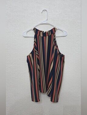 Striped Halter Tank Top Long Sleeve - Navy, Rust & Cream Love Spell XL